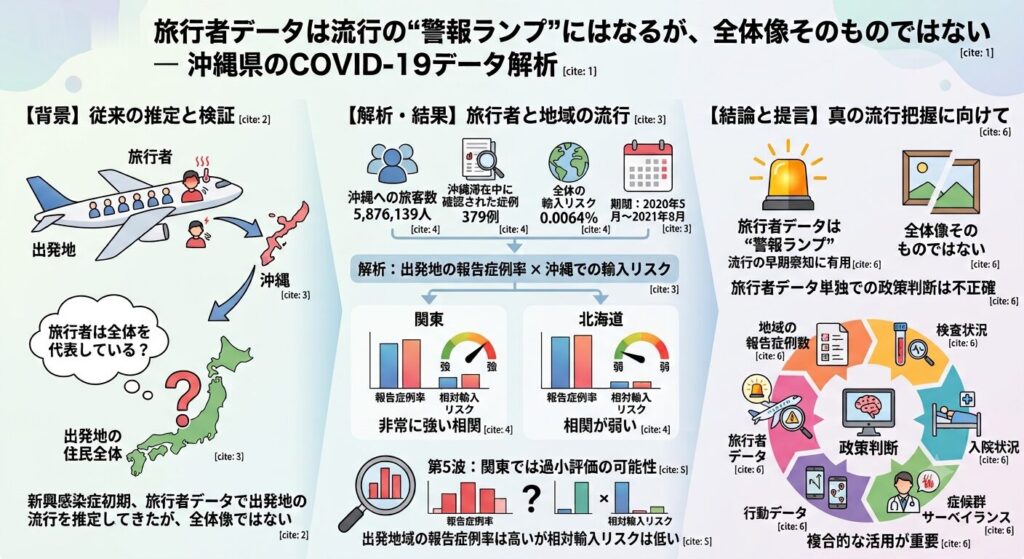 【研究成果】旅行者データは流行の“警報ランプ”にはなるが、全体像そのものではない ― 沖縄県のCOVID-19データを解析しました | 小塚昌弘さんを第一著者とする水本憲治准教授らの研究グループは、沖縄県を訪れた国内旅行者のデータを用いて、旅行者の中で感染が確認された割合、すなわち「輸入リスク」が、出発地域の流行状況をどの程度反映するかを分析しました。研究成果は “Traveler-Derived Importation Risk Underestimates Regional Disease Activity: Evidence from Okinawa, Japan” として、Journal of Infection and Public Health に掲載されました。 【研究成果】旅行者データは流行の“警報ランプ”にはなるが、全体像そのものではない ― 沖縄県のCOVID-19データを解析しました | 小塚昌弘さんを第一著者とする水本憲治准教授らの研究グループは、沖縄県を訪れた国内旅行者のデータを用いて、旅行者の中で感染が確認された割合、すなわち「輸入リスク」が、出発地域の流行状況をどの程度反映するかを分析しました。研究成果は “Traveler-Derived Importation Risk Underestimates Regional Disease Activity: Evidence from Okinawa, Japan” として、Journal of Infection and Public Health に掲載されました。